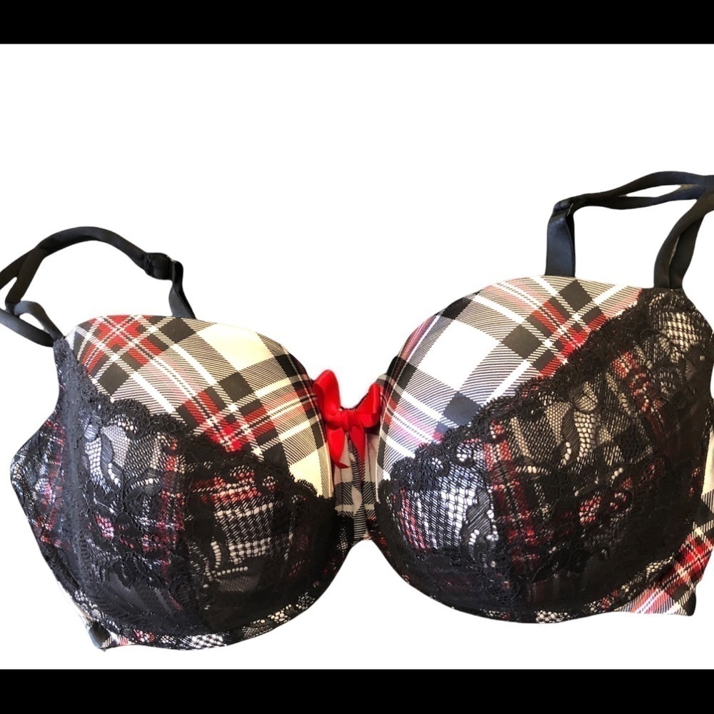 Cacique Plaid Lacey Underwire Bra Size 40F Red Black Plaid Sexy Intimates